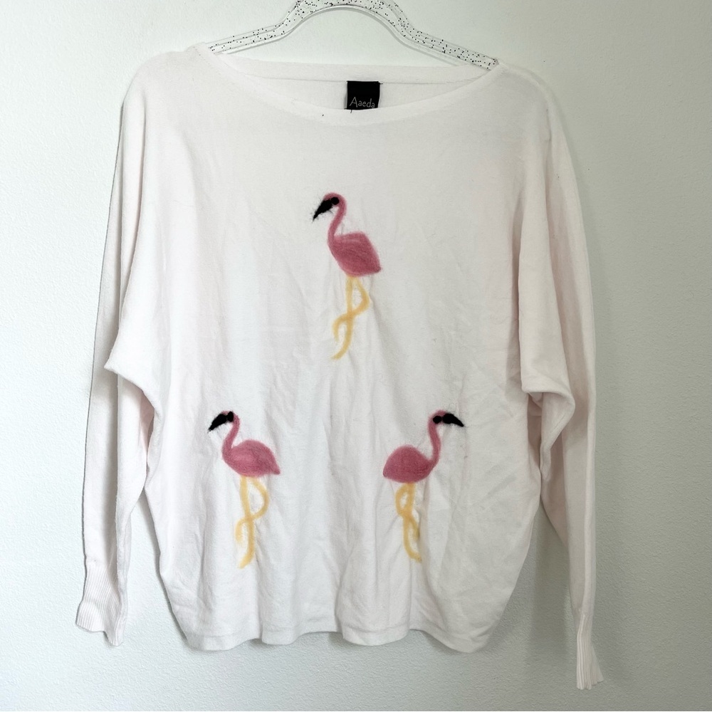 Aaeda White Pink Long Sleeve Flamingo Soft Casual Sweater Size M